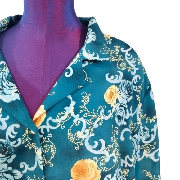 Vintage BonWorth Floral Button Down Teal Gold Blouse‎ Size 2X Women's Plus G81 - Picture 2 of 8